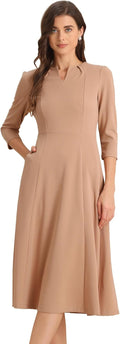 Allegra K Women's 3/4 Sleeve A-Line Midi Dress - Elegant Workwear