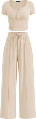 Womens Ribbed Knit Two Piece Summer Set - Button Crop Top & Wide Leg