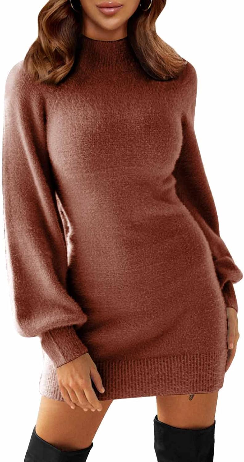 EXLURA Women's Mock Neck Ribbed Long Sleeve Bodycon Dress