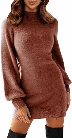 EXLURA Women's Mock Neck Ribbed Long Sleeve Bodycon Dress