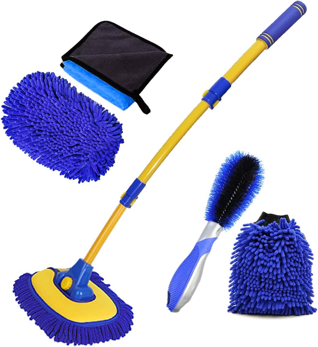 Car Wash Brush With Long Handle and Chenille Microfiber Mop Mitt
