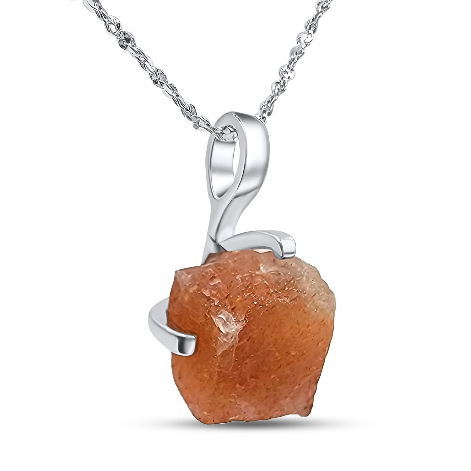 Natural Raw Sunstone Pendant Chain Necklace in White Gold