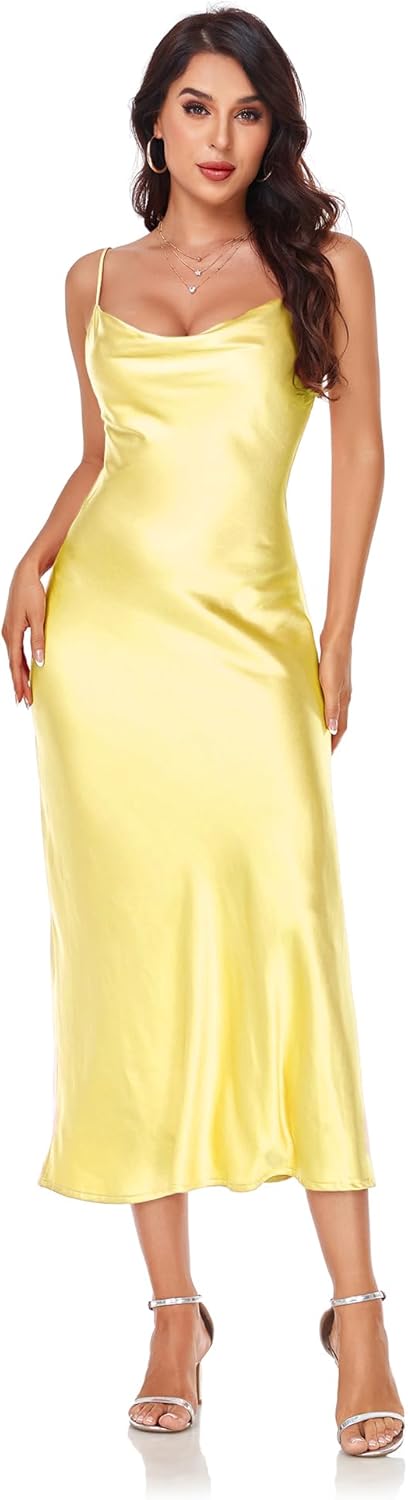 Women's Spaghetti Strap Midi Satin Silk Dress for Parties