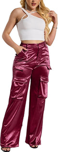 Womens High Waisted Satin Cargo Pants - Loose Fit Wide Leg