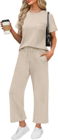 Women Two Piece Summer Travel Set - Lightweight Wide Leg Crop Pants