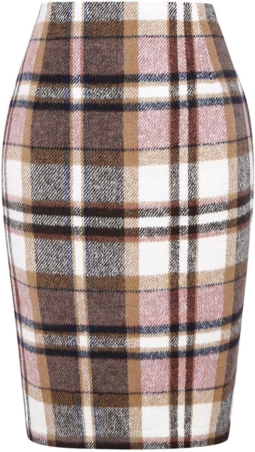 Womens Wool Plaid Pencil Skirt High Waisted Bodycon Midi Style
