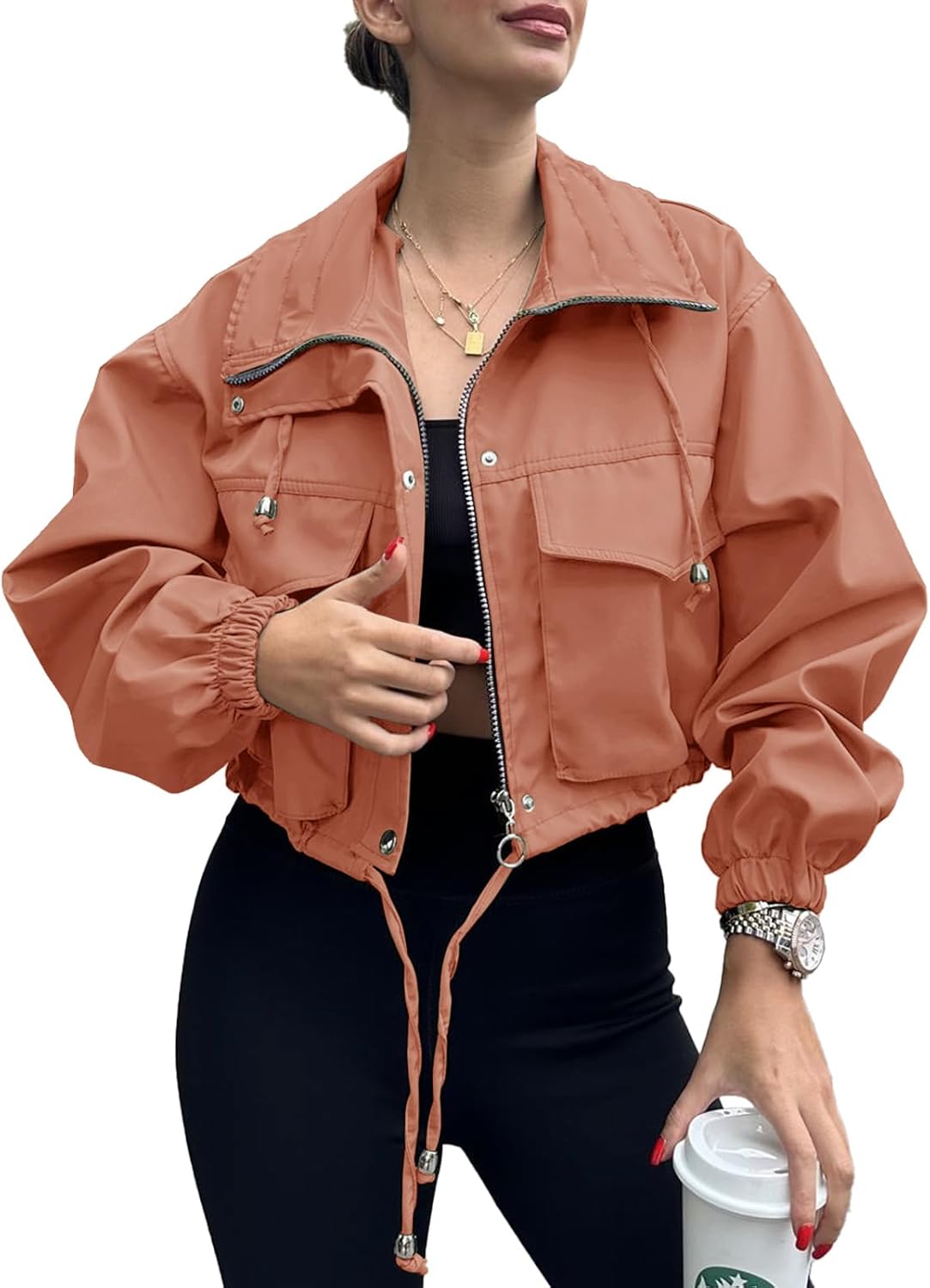 Tankaneo Womens Cropped Jacket Zip Up Lightweight Anorak Coat