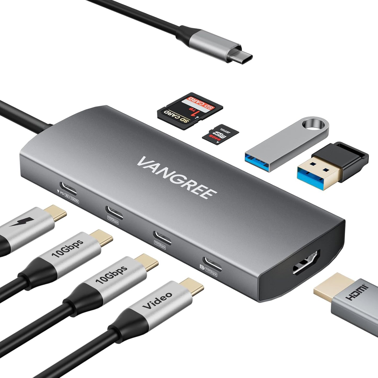 USB C Video Output Hub with 4K HDMI and 9 Ports for Dual Monitors