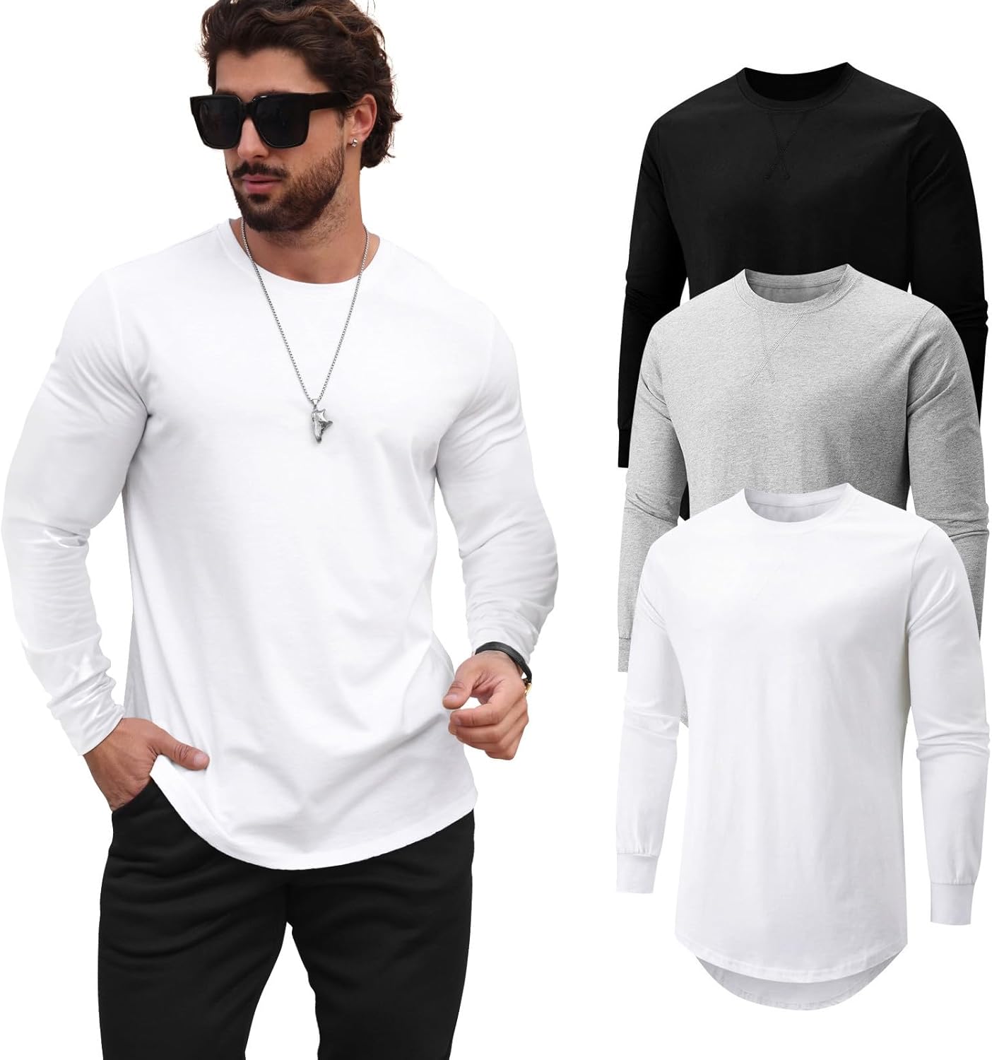 Mens Longline Crewneck Tee Shirts for Casual Hipster Style