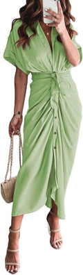 Satin Button Down Maxi Shirt Dress for Women - Belted Elegance