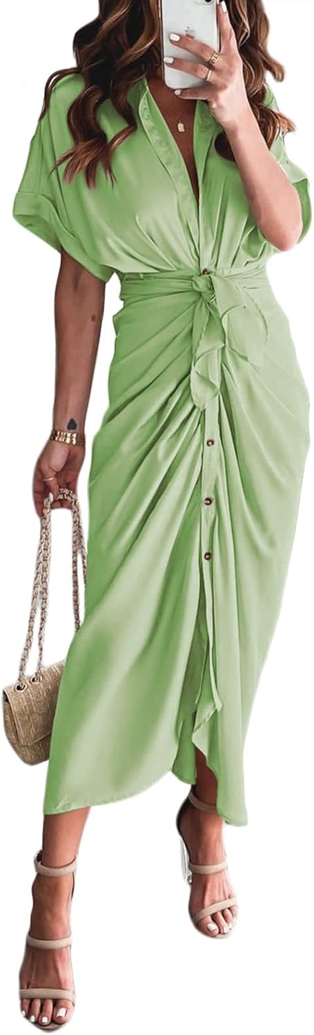Elegant Satin Button Down Maxi Shirt Dress for Women