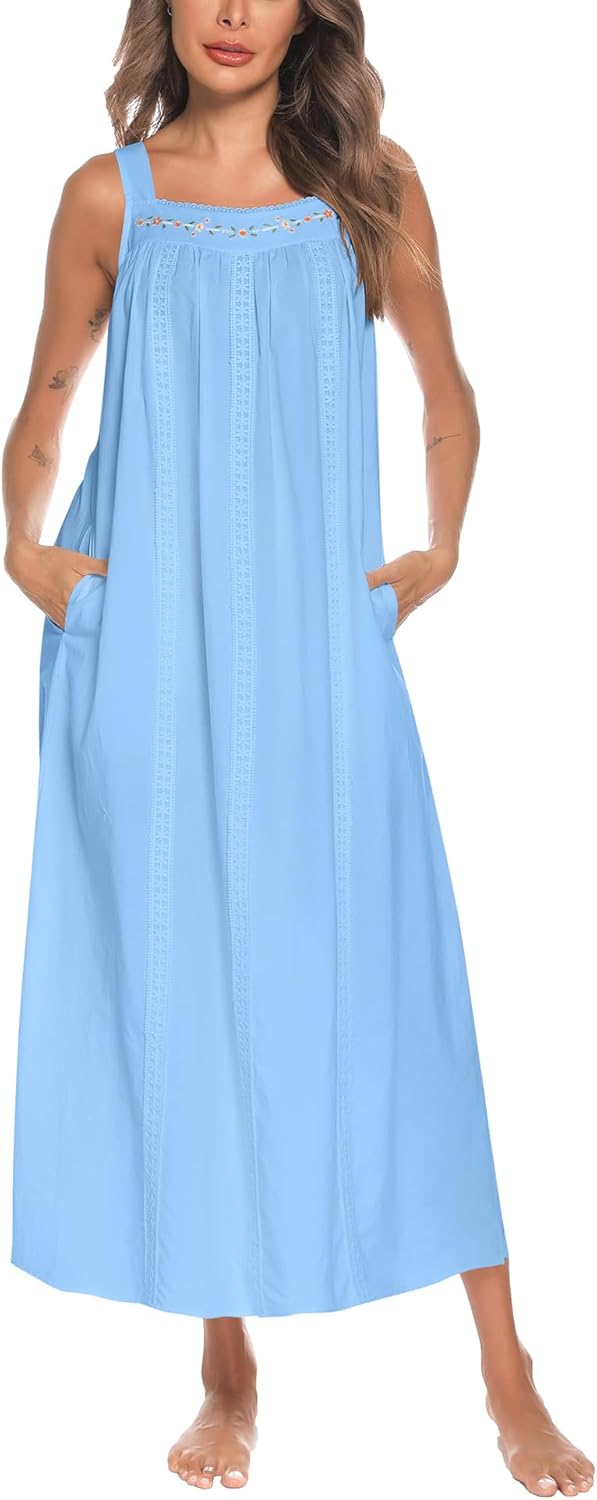 YOZLY Cotton Nightgowns for Women with Pockets and Embroidery