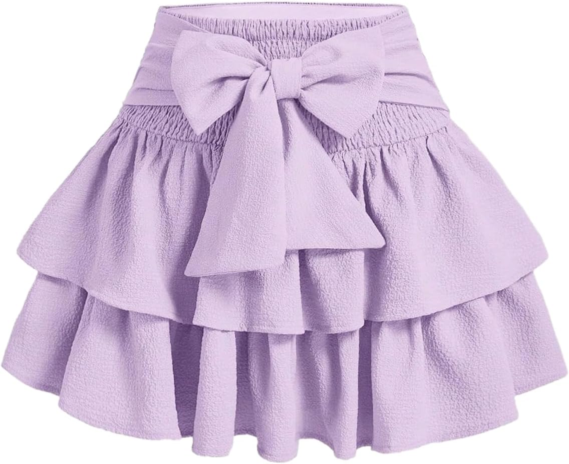 Women's Bow Front Mini Skirt with Shirred Waist and Ruffles