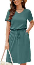 Women Summer Casual Midi Dress V Neck with Drawstring Waist