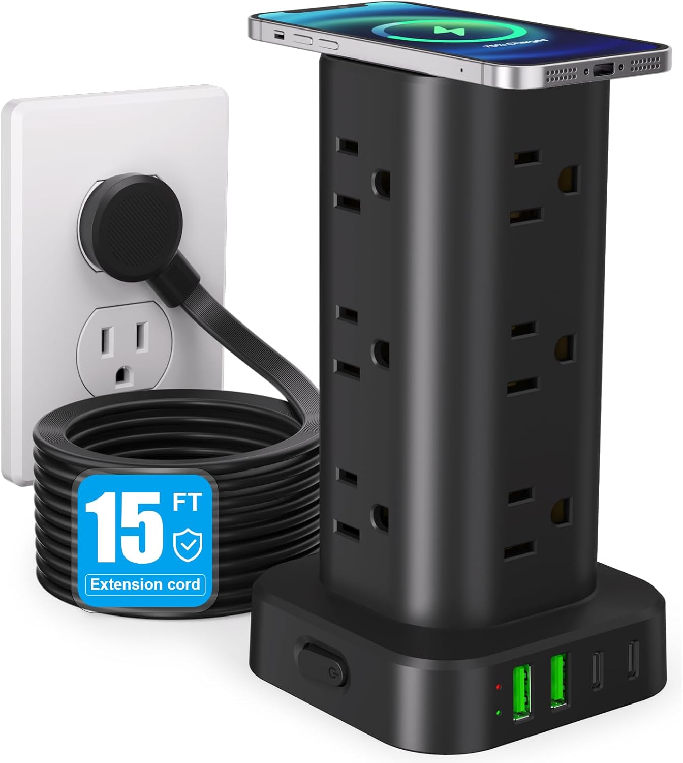 Power Strip Tower with Wireless Charger and 15FT Extension Cord