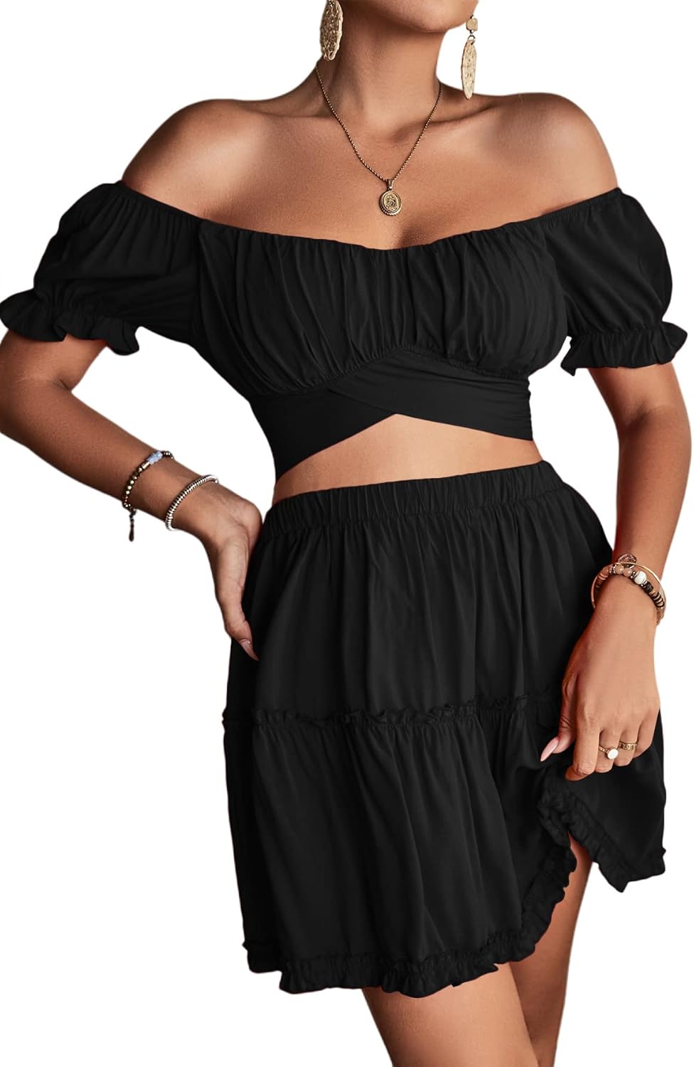 LYANER Women's Floral Off Shoulder Crop Top and Mini Skirt Set