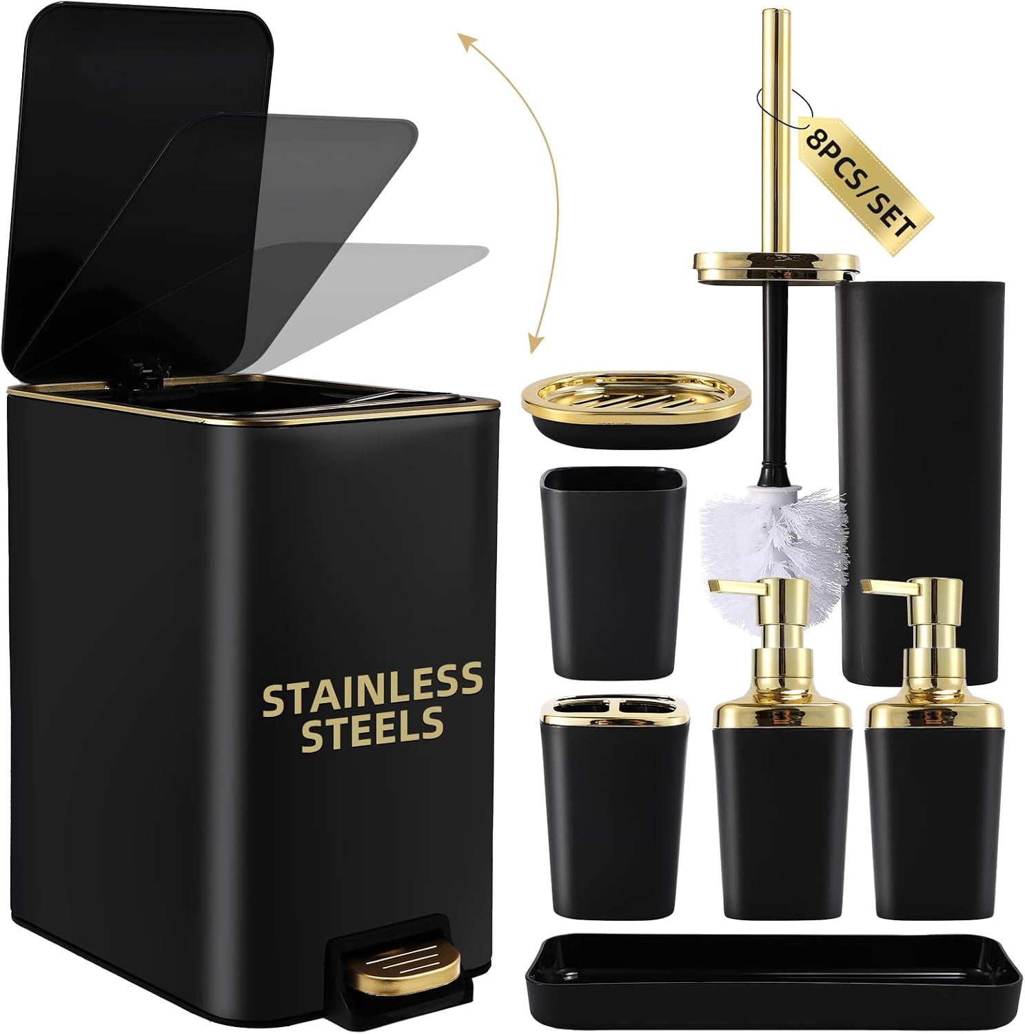 Black Bathroom Accessories Set with Gold Accents for Elegance