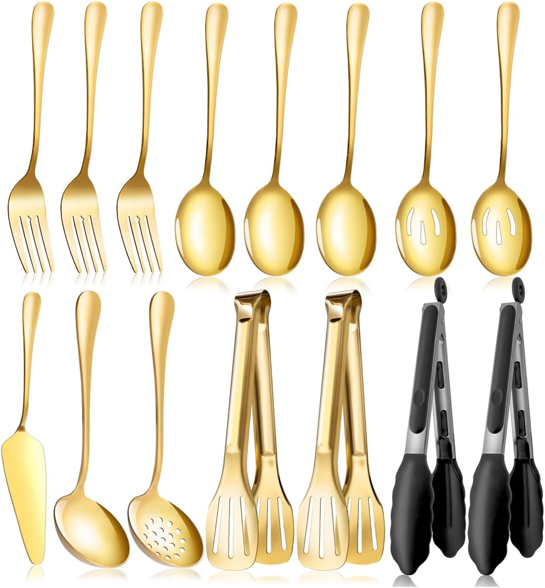 Gold Serving Utensils Set for Parties, 15pcs Stainless Steel