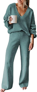 Viottiset Women's 2 Piece Knit V Neck Wide Leg Sweatsuit - Cozy Lounge