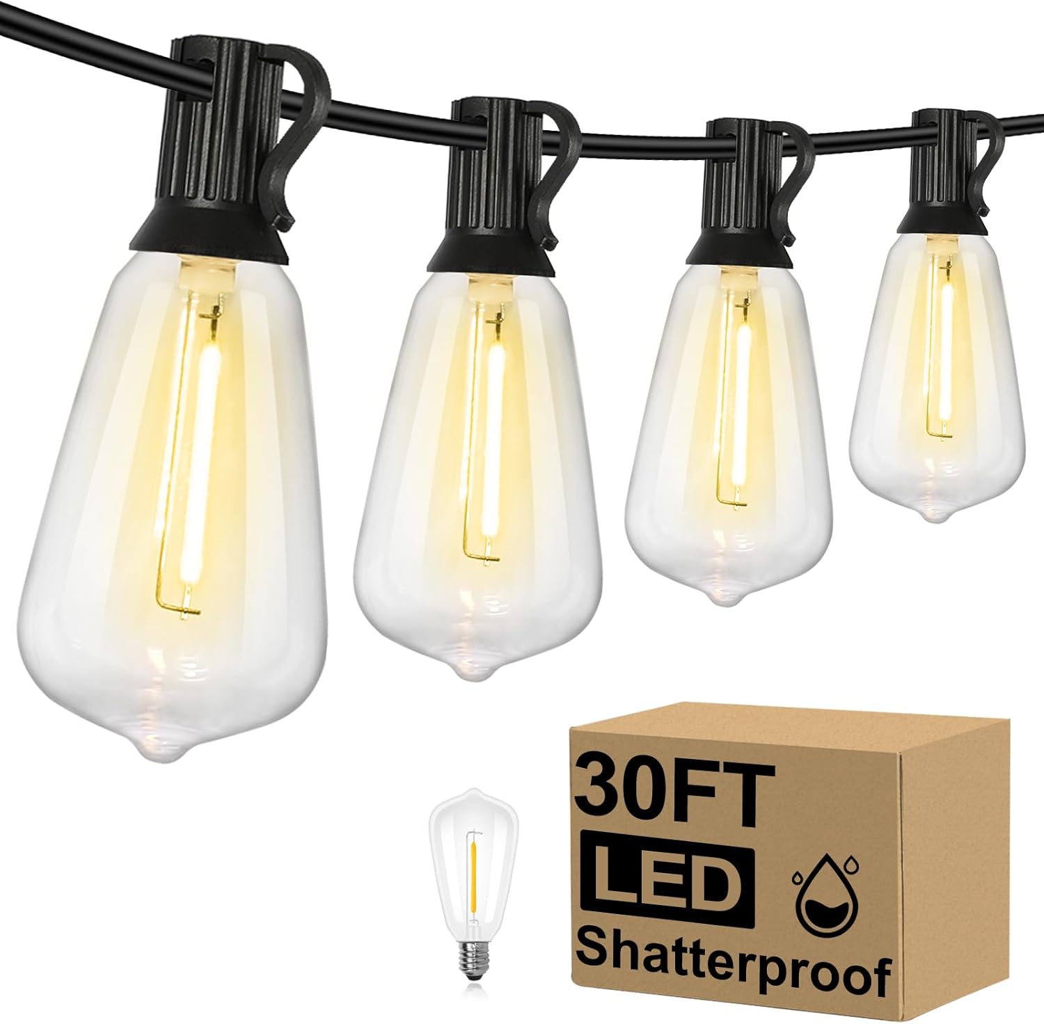 30FT LED Outdoor String Lights with Vintage Edison Bulbs