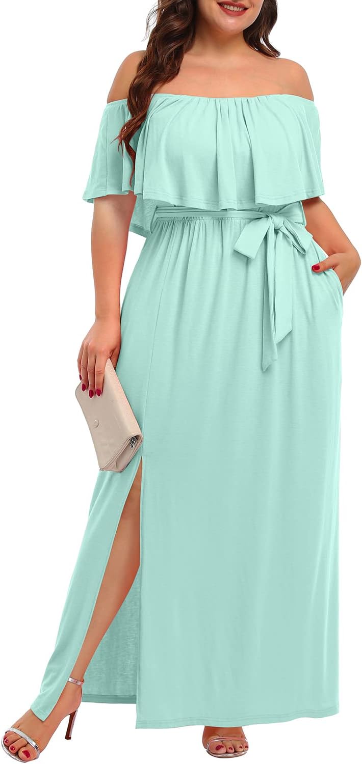 Plus Size Off The Shoulder Maxi Dress with Pockets for Women