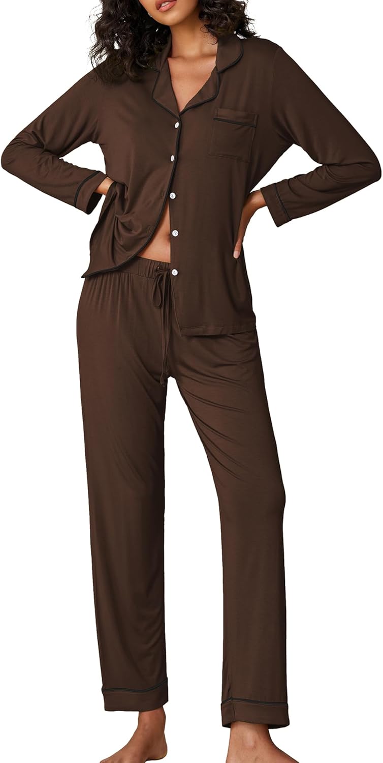 Ekouaer Pajamas Women's Long Sleeve Sleepwear Soft Button Down Set