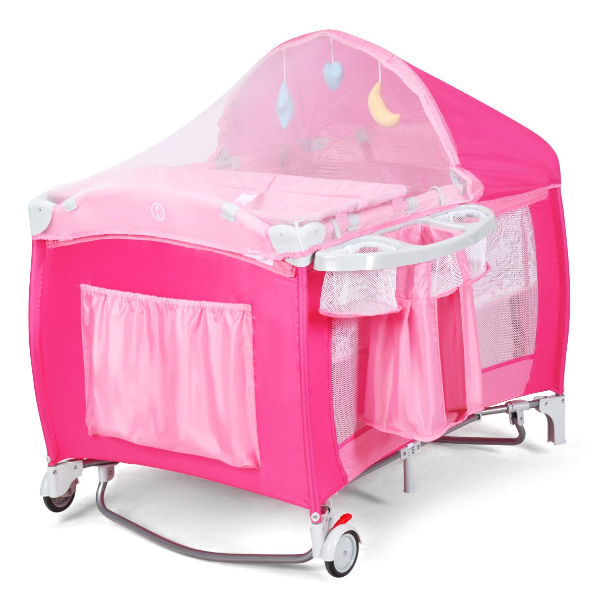 Costzon 4 in 1 Pink Pack and Play with Bassinet for Baby Girls