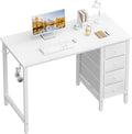 Small White Desk with Fabric Drawers 40 in - Space-Saving Study Desk