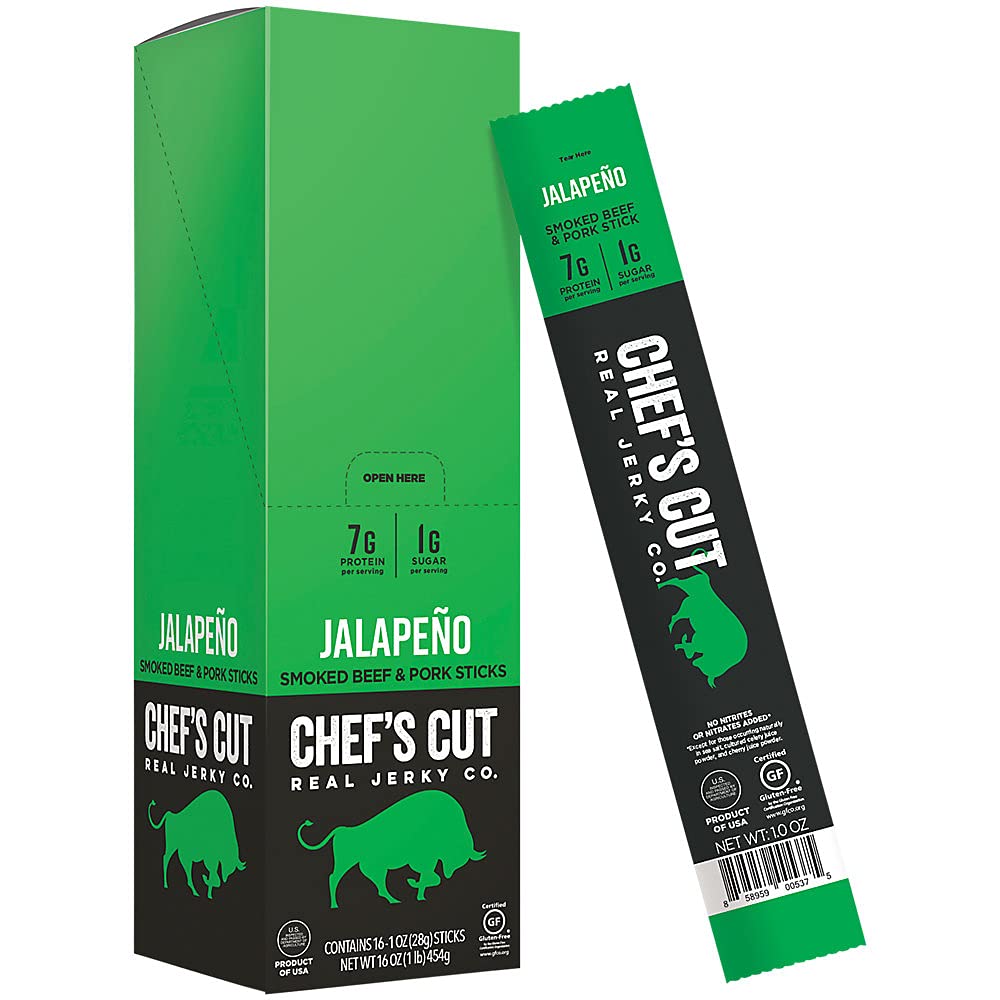 Chef's Cut Pork & Beef Snack Sticks, Jalapeno Flavor, High Protein