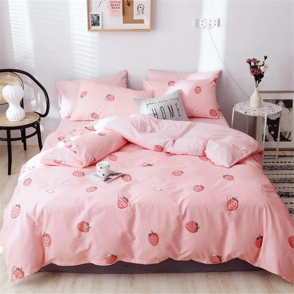 Kawaii Pink Strawberry Duvet Cover Set for Queen Size Bedding