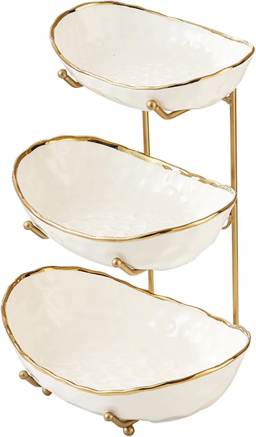 3 Tier White Fruit Bowl with Gold Metal Stand for Kitchen Use