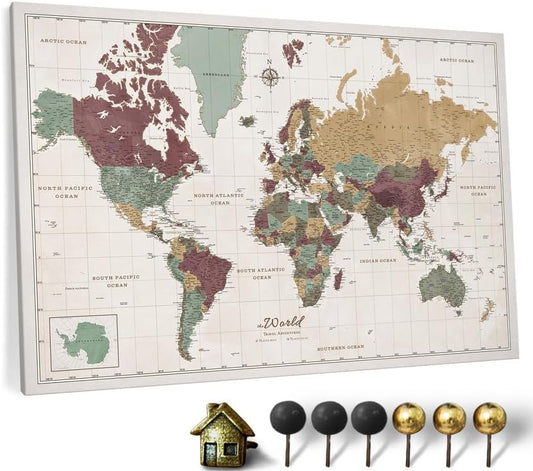 Canvas World Map Cork Pin Board for Stylish Home Decoration