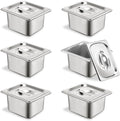 6 Set Stainless Steel Hotel Pans 1/6 Size 4 in Deep With Lids