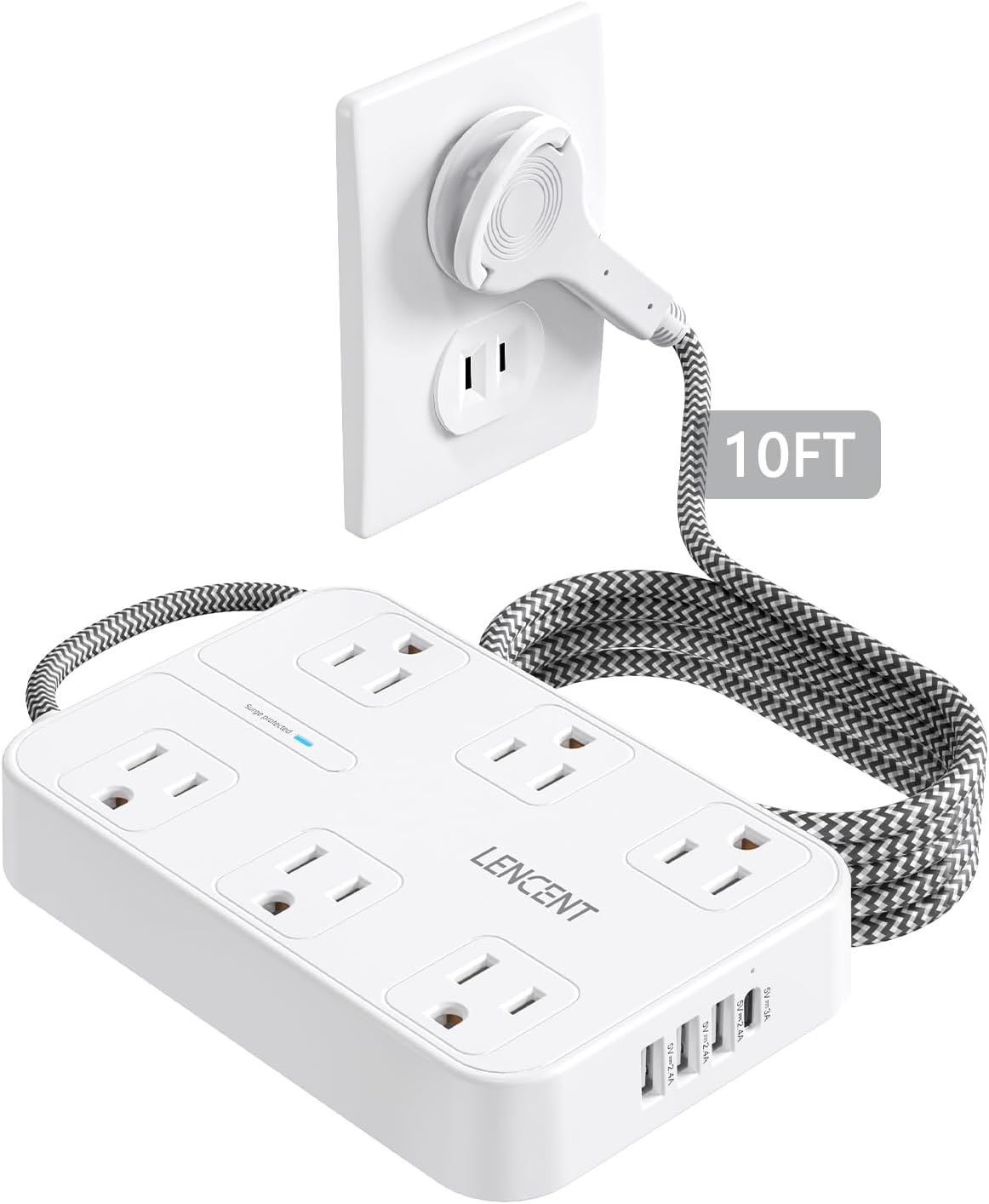 LENCENT 2 Prong Power Strip with 10ft Extension Cord and USB