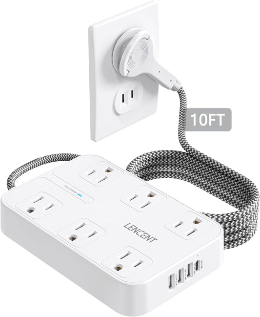 LENCENT 2 Prong Power Strip with 10ft Extension Cord and USB