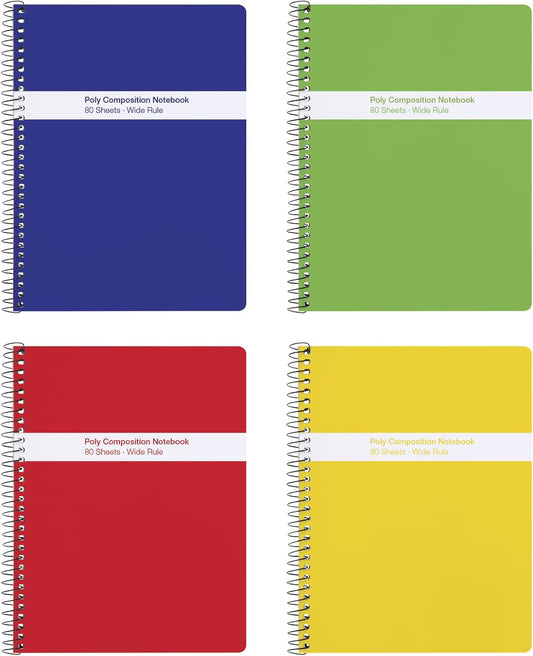 Oxford Poly Spiral Notebooks, 4-Pack, Wide Ruled, Durable Covers