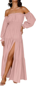ZESICA Boho Off Shoulder Smocked High Waist Maxi Dress - Flowy Tiered