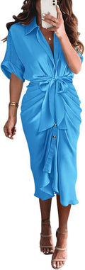 Ruched Satin Shirt Dress Maxi - Flattering Summer Button Down