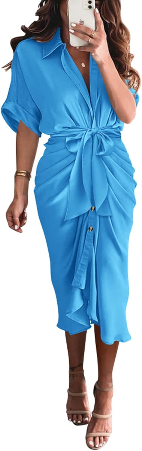 BTFBM Women Button Down Ruched Shirt Dress for Summer Events