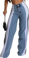 Womens Jeans High Waisted Wide Leg Striped Patchwork Color Block Shoes