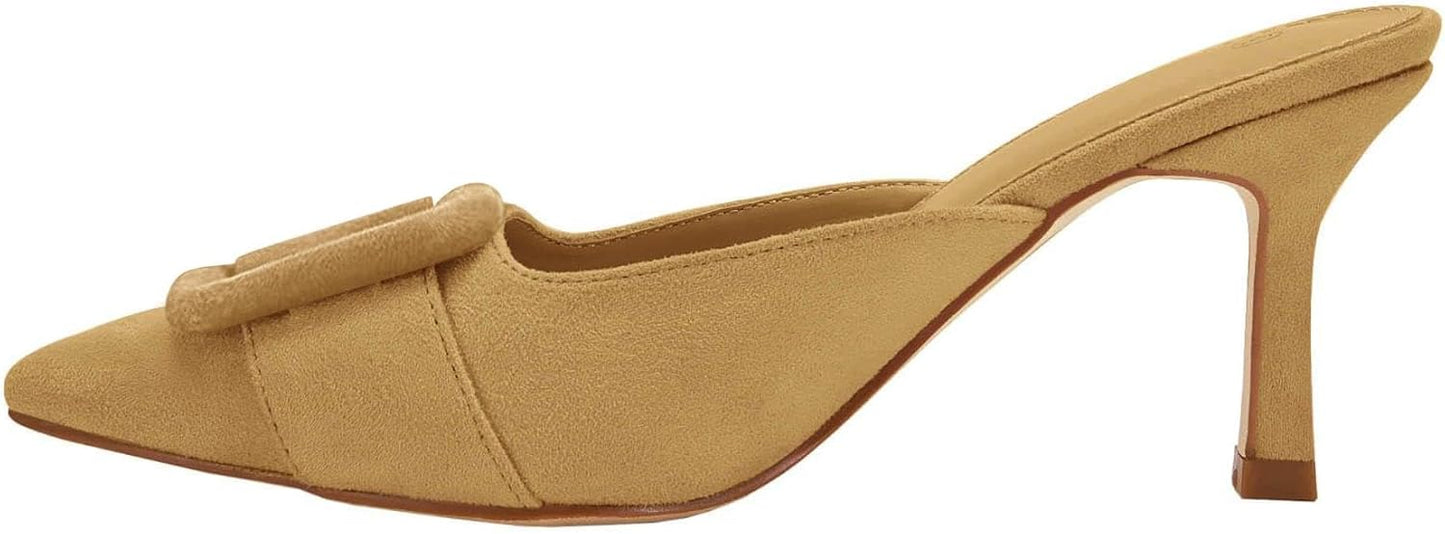 VETASTE Women's Heeled Mules Pointed Toe Suede Sandals