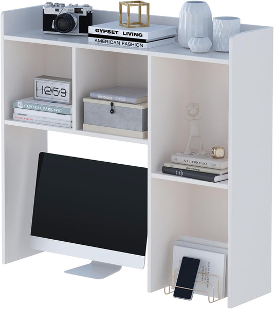 White Desktop Hutch Bookshelf - Space-Saving Desk Organizer