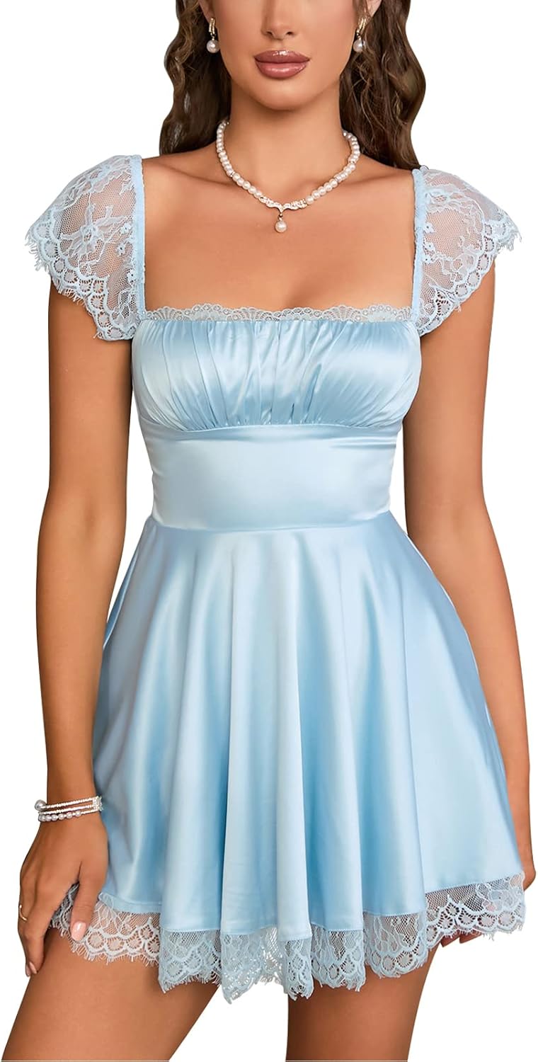 EYNMIN Women's Satin Lace Strap Mini Dress for Casual Elegance