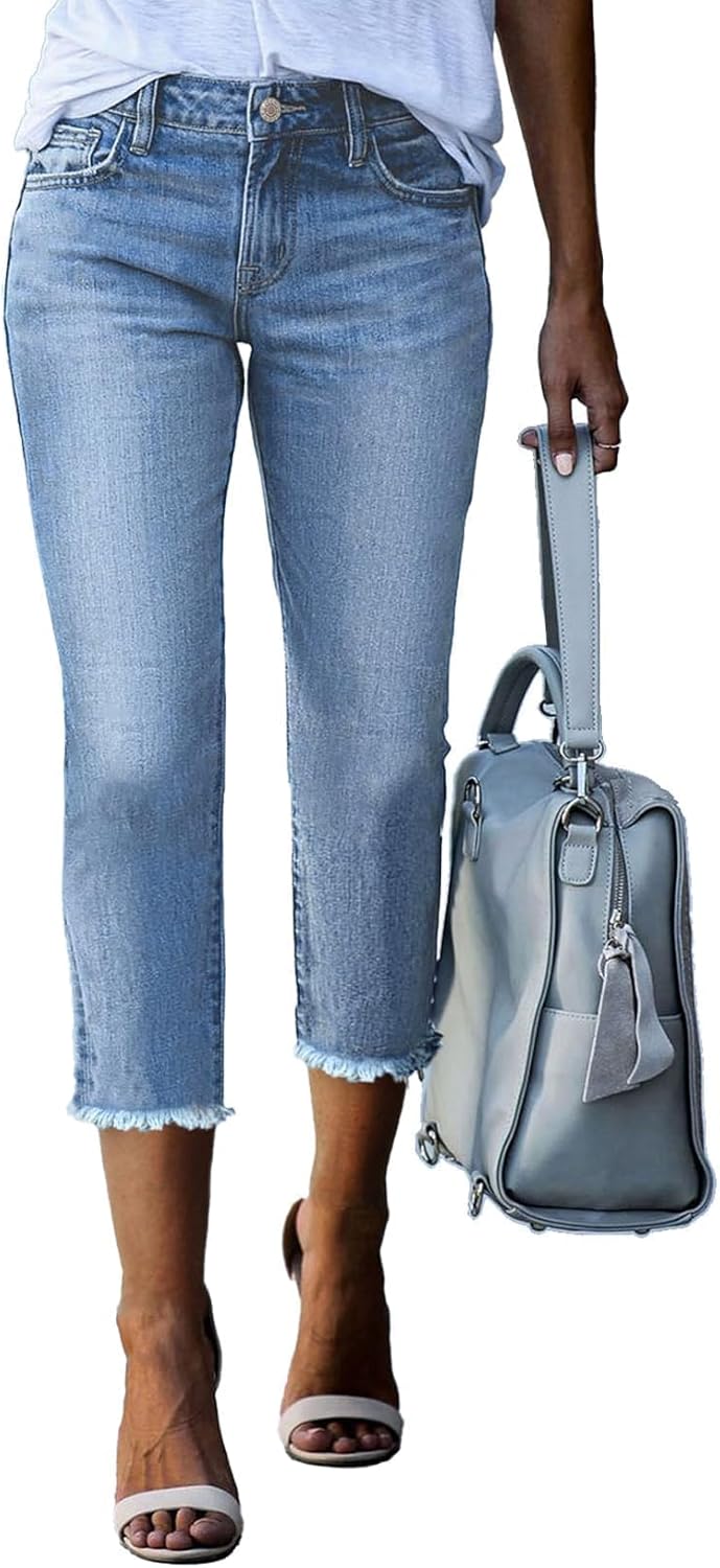 High Waisted Straight Leg Raw Hem Denim Capri Pants for Women