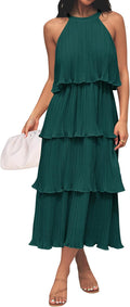 Womens Sleeveless Halter Tiered Chiffon Midi Dress - Flowy Summer Fit