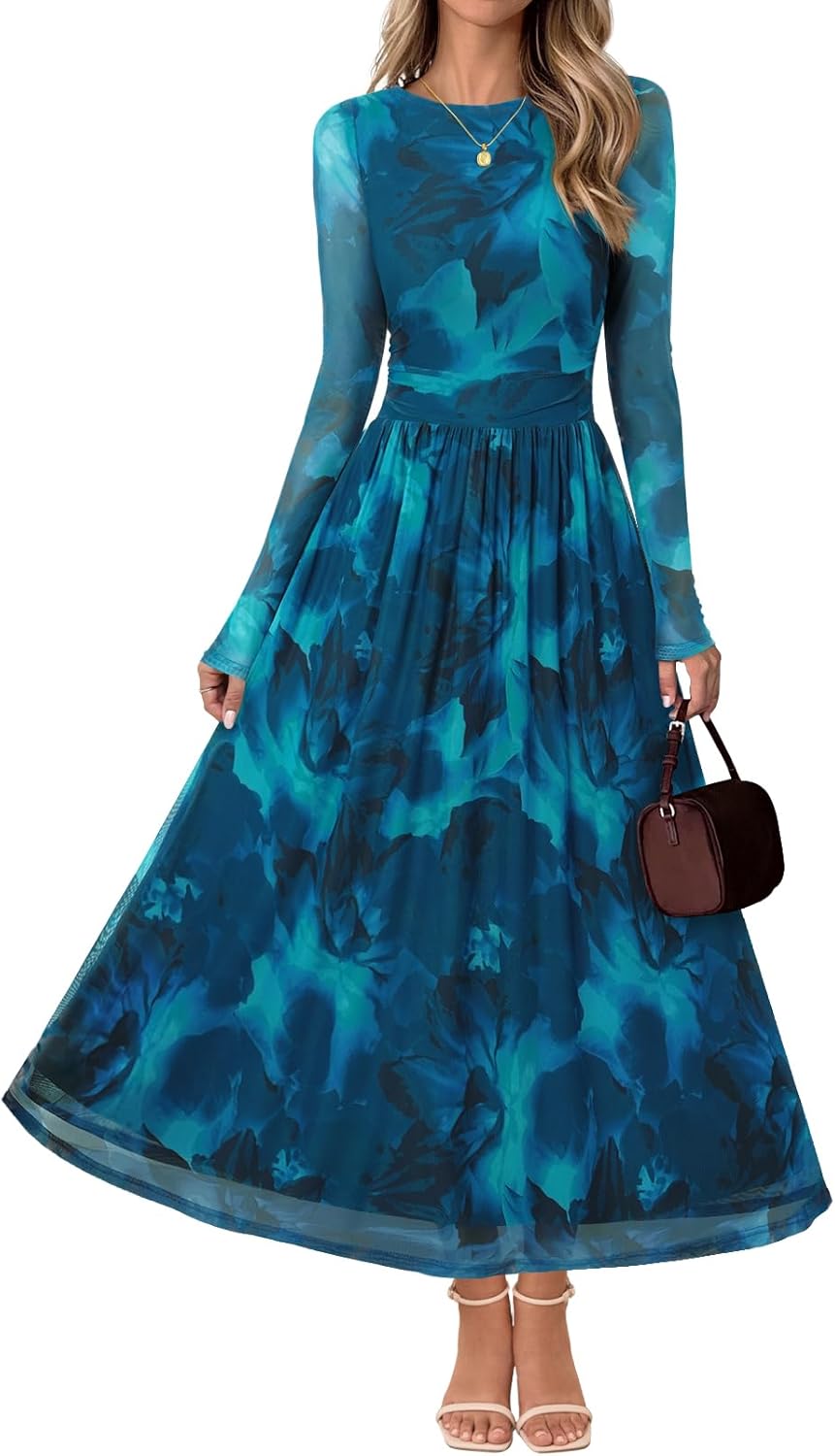 MEROKEETY Women's Long Sleeve Floral Maxi Dress for Fall Events