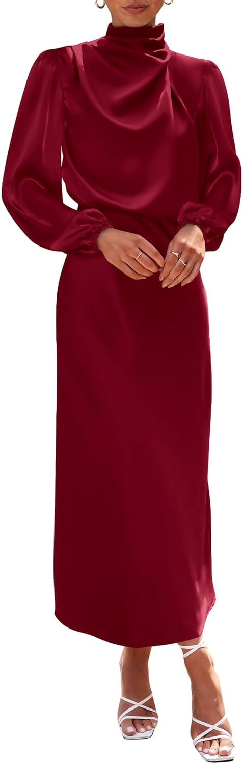 BTFBM Womens Mock Neck Satin Dress for Elegant Occasions