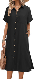 Womens Summer Linen Shirt Dress - Casual Midi Button Down
