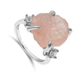 Raw Rose Quartz Statement Ring for Her - Sterling Silver White Gold