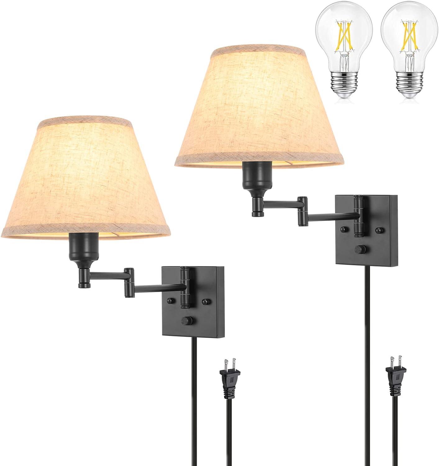 Dimmable Wall Sconce Plug in Set of Two with Swing Arm Design